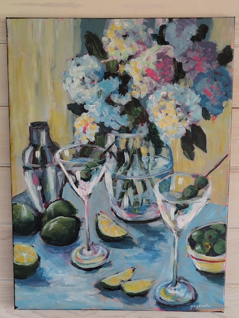 Colorful Hydrangea & Martini Tablescape Painting Original Artist Signed Canvas